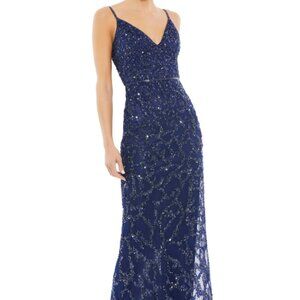 MAC DUGGAL 54781 SLEEVELESS BEADED V-NECK COLUMN MIDNIGHT GOWN sz 12